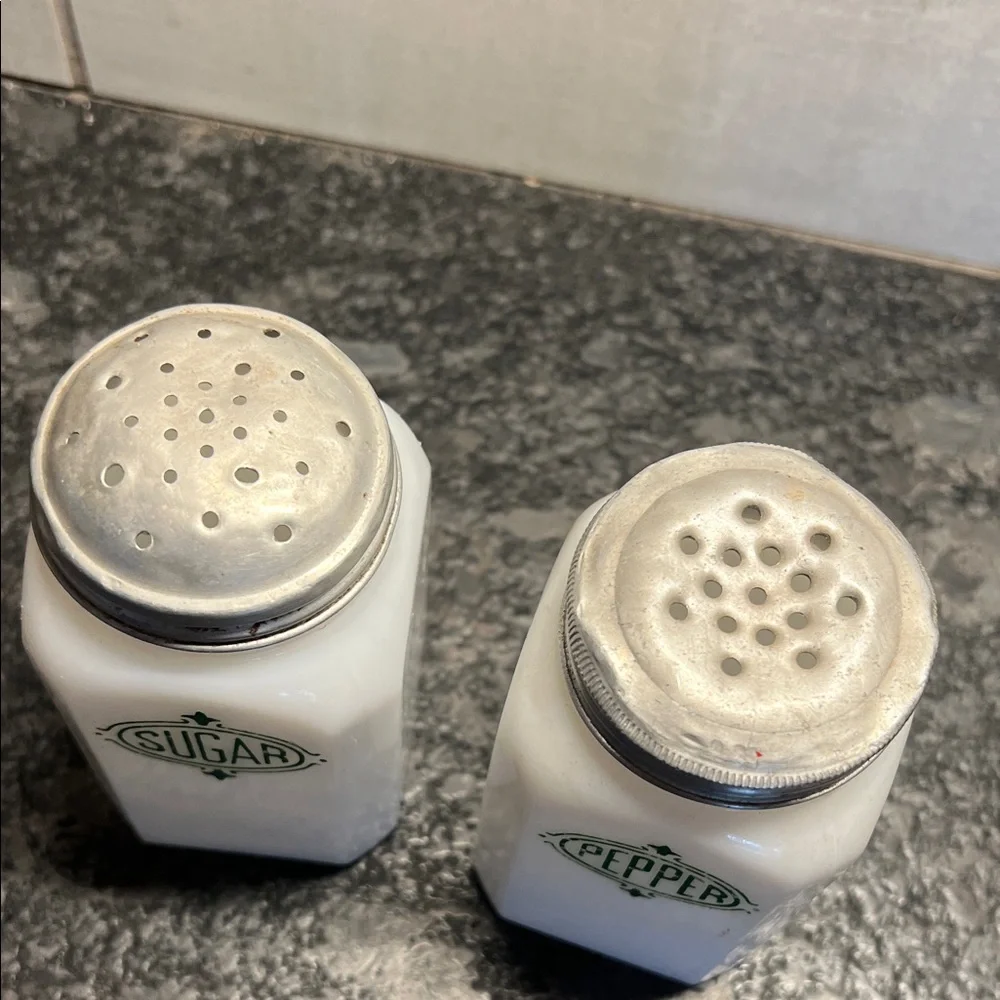1930’s Hazel Atlas Vintage White Sugar and Pepper Shakers Spice jars. Milk Glass